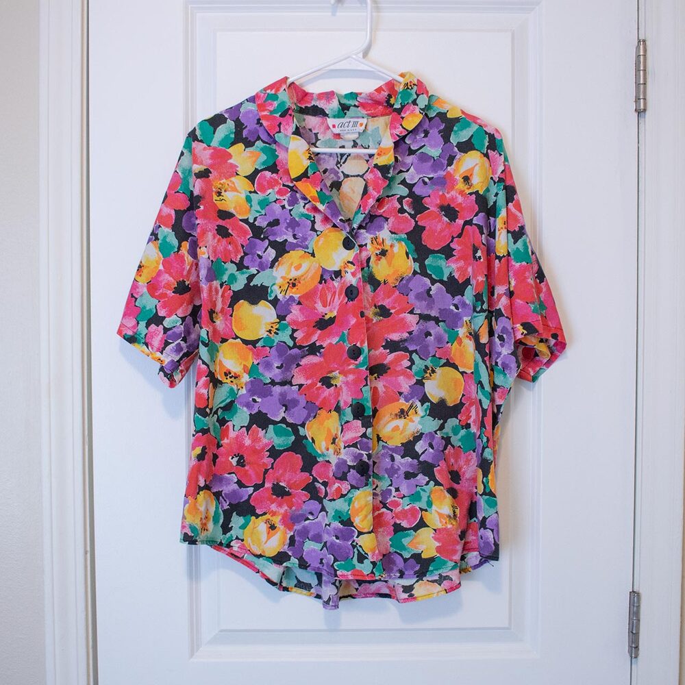 Bright Painterly Floral Vacation Blouse Button Collar VTG ACT III USA 2X (Est.)